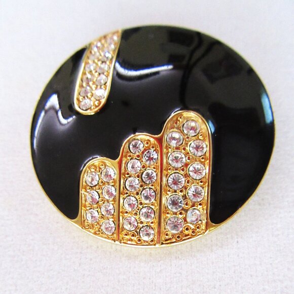 Vintage MONET round black enamel brooch with rhinestones - Art Deco Revival - Picture 4 of 5